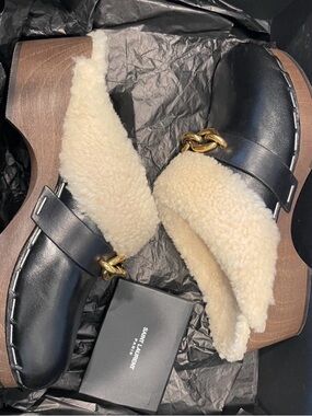 Saint Laurent Black Leather Shearling-Trim Mules with Gold Chain